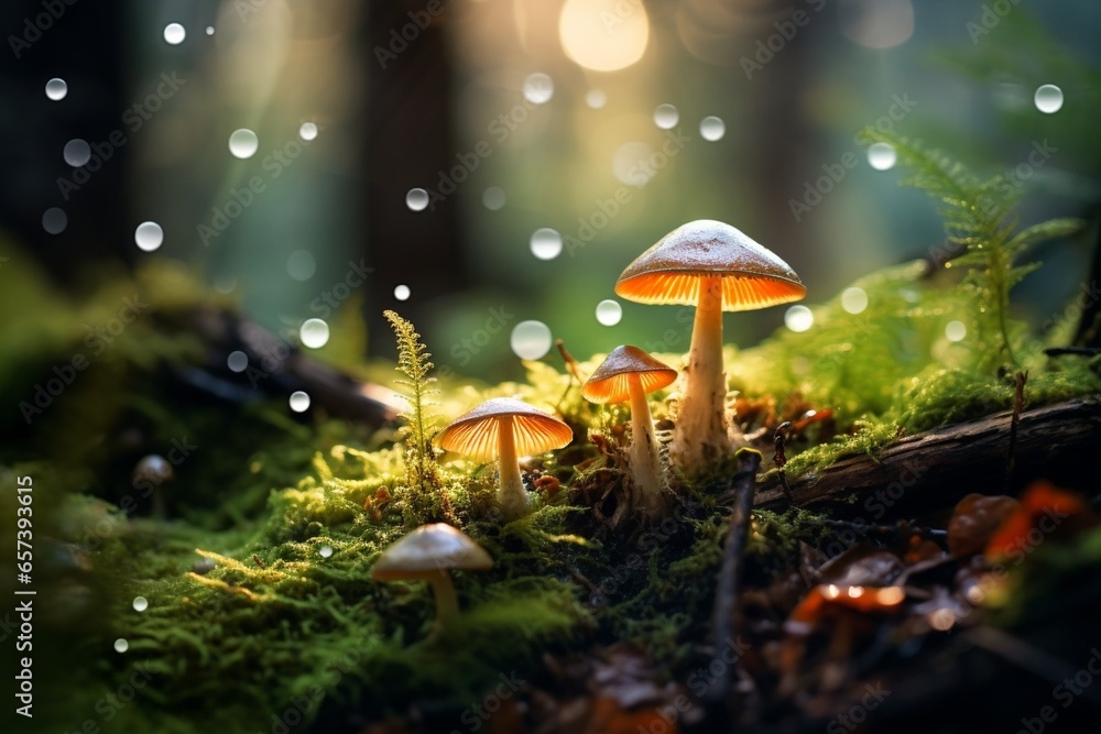 Fototapeta premium Generative AI : close-up, a magical world unfolds with lush moss and enchanting mushrooms on delicate stalks, bathed in soft warm light