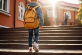 Generative AI : Little student with a backpack on the steps of the stairs of school building. Close-up of child legs, hands and schoolbag of boy standing on staircase of schoolhouse. Kids back to scho