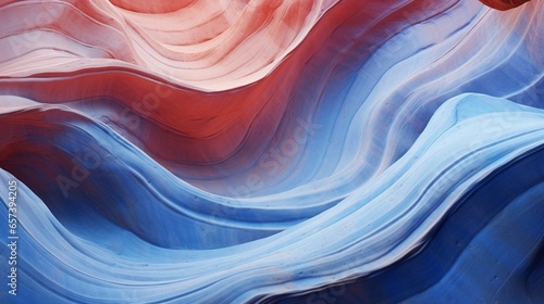 Generative AI : Multicolour rock surface details in blue and red colors. Shaped rock full of curves, layers and smooth cuts by the wind erosion, sea water and sand. Organic texture for background. Bea
