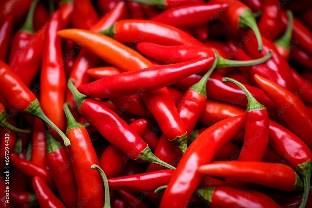 Generative AI : A close up view of a stack of small fiery red chilli peppers