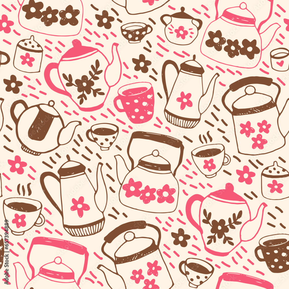 Seamless vector pattern with teapots and cups. Cute pattern for paper, wrapping, textile, design. Hand drawn doodle tea party items. Pink and brown sketches on white background.