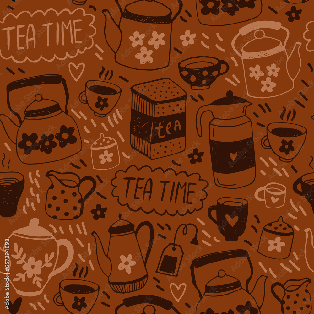 Seamless vector pattern with teapots, tea cups. Print for wrapping, paper, textile, design for coffee and tea shop. Brown background.