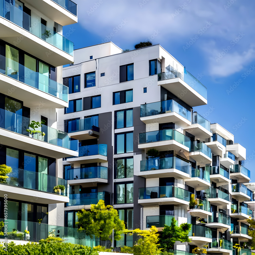 Modern apartment buildings surrounded by greens