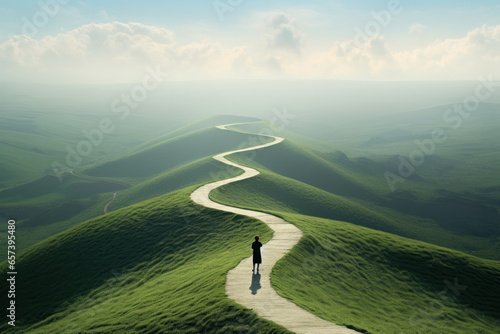 A child on a winding path to the top of the hill photo