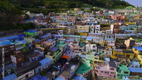 Drone Shot of Colorful Buildings in Gamcheon Village, Busan, South Korea photo