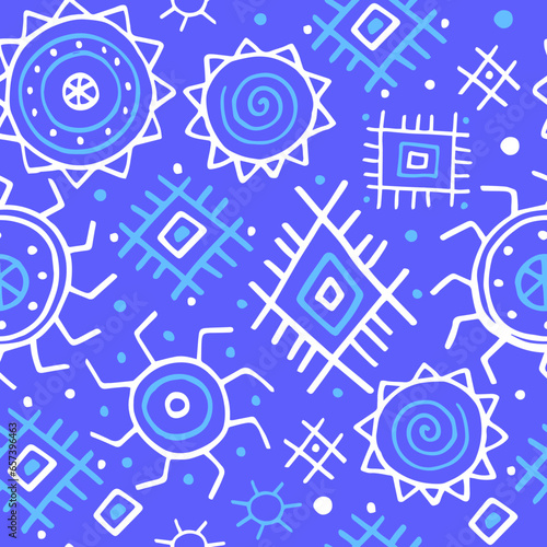 Ethnic seamless pattern. Folk traditional primitive drawings. Blue northern pattern with sun simbols, circles. Blue pattern for fabric, paper, print