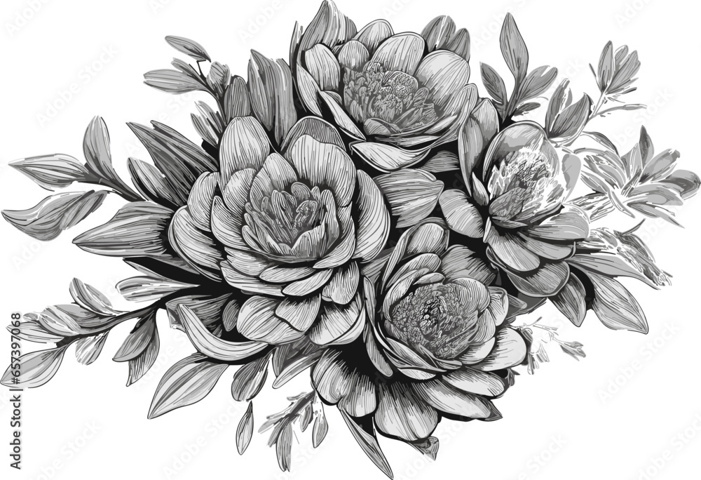 Hand drawn floral composition with Rose flower, leaves and curls isolated on white background. Monochrome illustration in vintage style. Pencil drawing romantic tattoo design, floral decoration.   - obrazy, fototapety, plakaty 