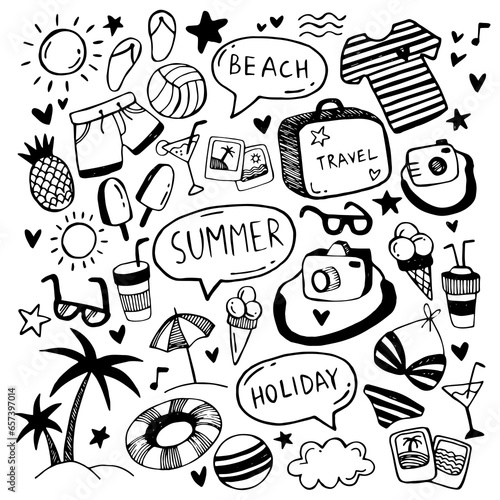 Set of simple illustrations. Hand drawn doodle. Summer icons set. Beach holiday, traveling. Bathing accessories, sun, palm, ice cream.