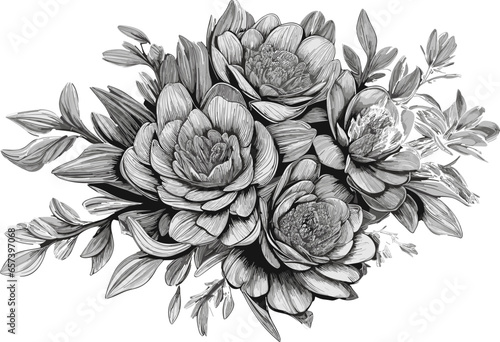 Hand drawn floral composition with Rose flower, leaves and curls isolated on white background. Monochrome illustration in vintage style. Pencil drawing romantic tattoo design, floral decoration.  