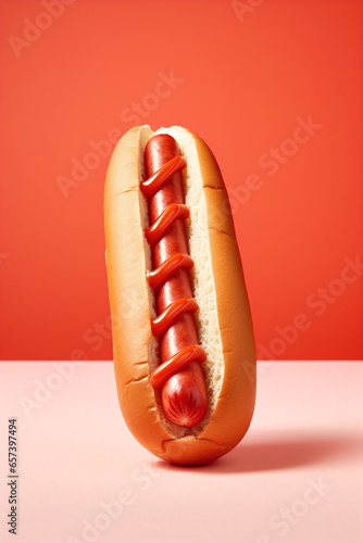 frankfurter sausage hotdog with tomato sauce ketchup isolated on plain red and white studio background photo