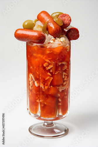 cocktail shake of sausage with japalenos isolated on plain red and white studio background photo