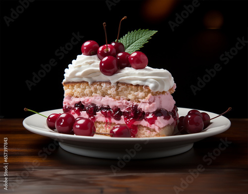 slice of cake crowned with a juicy cherry