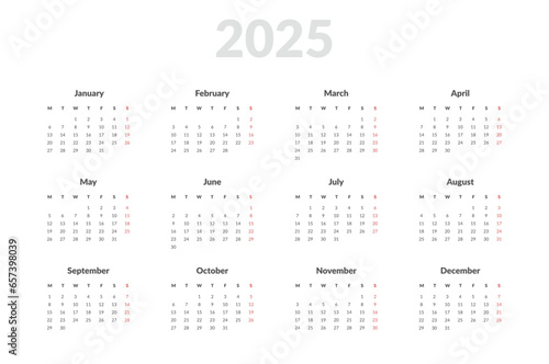 2025 Annual Calendar template. Vector layout of a wall or desk simple calendar with week start Monday. Calendar design in black and white colors, holidays in red colors.