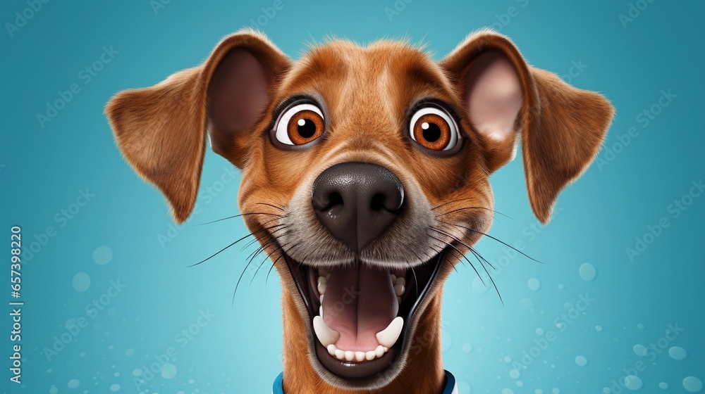 An image featuring a hilarious cartoon-style dog engaged in comical antics against a pastel background, AI generated