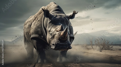 Close-up of an angry male rhino with textured background and space for text, background image, AI generated photo