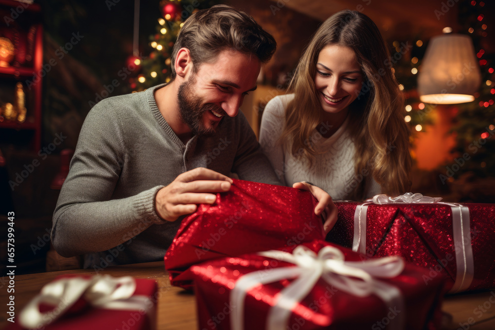Happy young couple giving Christmas gifts to each other, couple unwrapping Christmas presents, smiling man and woman at home for Christmas holidays, couple exchanging Christmas presents. Happy young couple giving Christmas gifts to each other, couple unwrapping Christmas presents, smiling man and woman at home for Christmas holidays, couple exchanging Christmas presents.