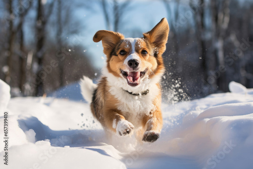 Happy dog running in a snow at winter