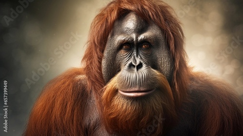 Close-up of an awesome male orangutan with textured background and space for text, background image, AI generated photo