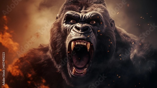 Close-up of roaring angry male gorilla with textured background and space for text  background image  AI generated