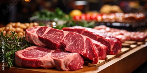 illustration of fresh raw red meat, variety of prime meat steaks, generative AI