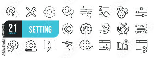 Set of line icons related to setting, setup, configuration, repair, recovery. Outline icons collection. Editable stroke. Vector illustration.