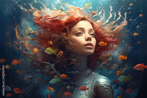 Majestic portrait of woman with red hair shot underwater 
