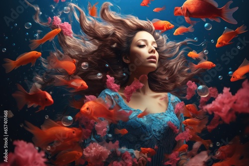 Woman seen underwater surrounded by fish
