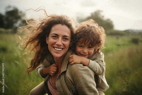 Piggyback, happy and a mother and child in nature