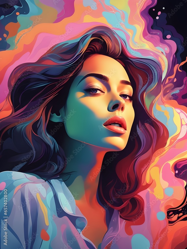 cartoon style illustration of a woman as she sees the world while experiencing hallucinations cartoon style illustration of a woman as she sees the world while experiencing hallucinations