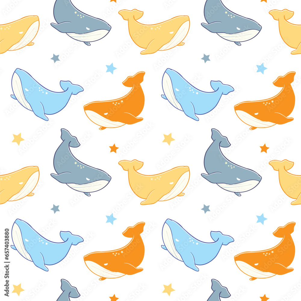 Seamless Pattern of Cartoon Whale and Star Design on White Background Seamless Pattern of Cartoon Whale and Star Design on White Background