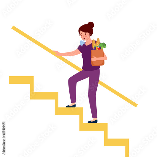 Woman goes up the stairs with short of breath. Female gets tired easily.