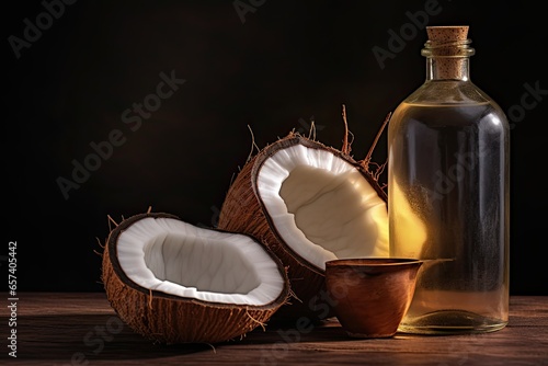 coconut oil on wooden table with dark background