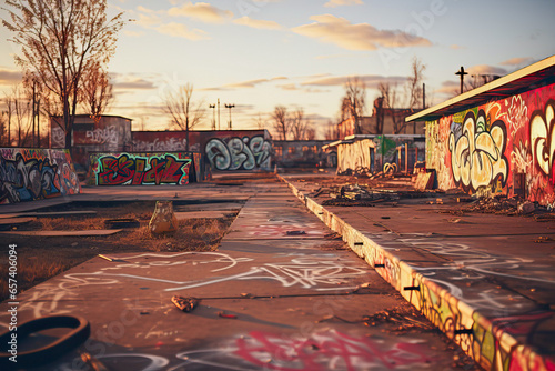 Empty skate park with graffiti tags