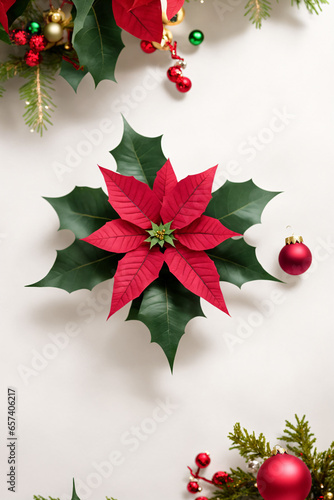 Christmas decoration with flowers of red poinsettia, branch Christmas tree, ball, red berry on a white background with space for text