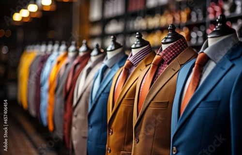 A stylish business suit is on display in a suit store. Hangers line up with strict high pricey suits and accessories..