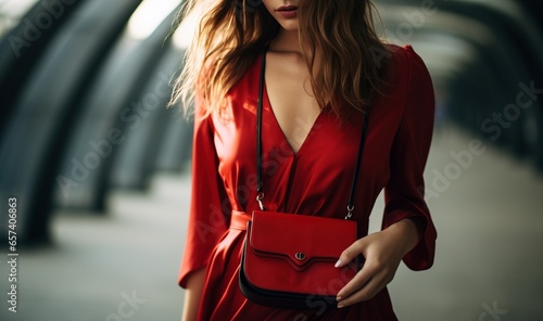 Mujer joven con un vestido elegante de color rojo y un bolso a juego photo