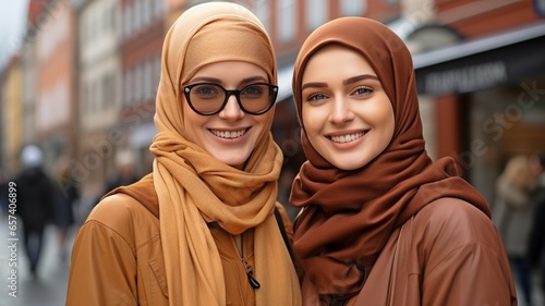 In a city in Europe on a sunny day, two stunning Muslim women are wearing hijabs..