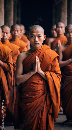 In the background of the real temple, a group of monks face the camera with their hands folded