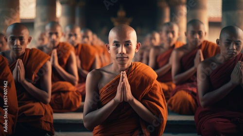 In the background of the real temple, a group of monks face the camera with their hands folded © Rainbow Kuma