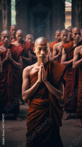 In the background of the real temple, a group of monks face the camera with their hands folded