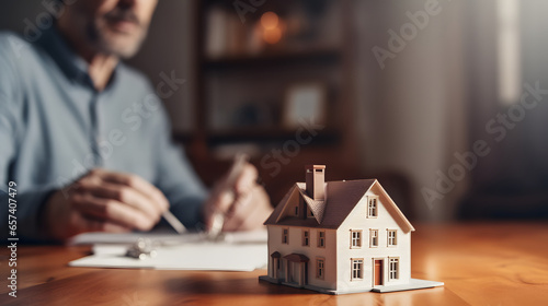 Close up of house model with keys and blurred person in the background, real estate or investment concept