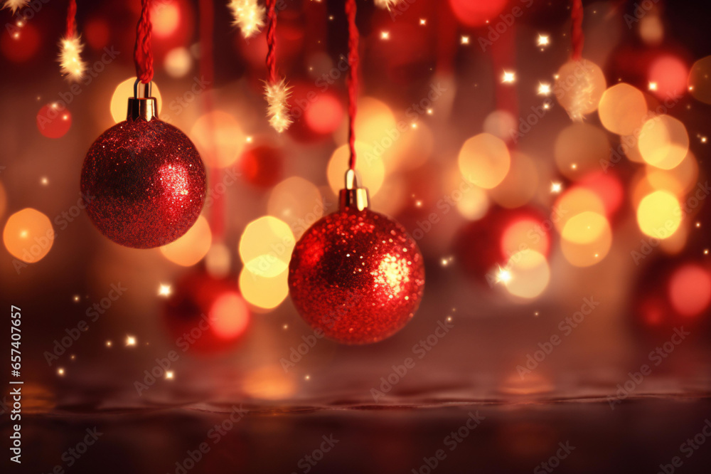 Red and Gold Christmas balls on defocused lights Christmas background with bokeh lights and stars. Ai Generative. Red and Gold Christmas balls on defocused lights Christmas background with bokeh lights and stars. Ai Generative.