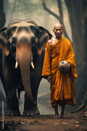 a monk standing next to an elephant.