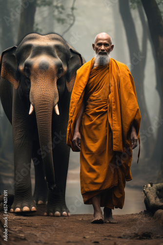 a monk standing next to an elephant.