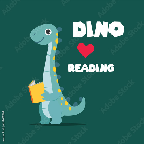 Dino Love Reading Vector Flat Illustrations perfect for design Kid Tshirt, Drawing Book Cover, or Merchendise photo