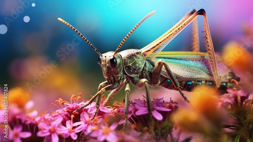 A grasshopper against a blurred background of wildflowers, with space for text. Grasshopper, wildflowers, colorful, bokeh, close-up. background image, AI generated © Hifzhan Graphics