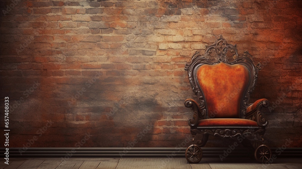 Close-up image of a beautiful artistic antique chair with space for text and clean vibrant brick wall textured background, background image, AI generated - obrazy, fototapety, plakaty 