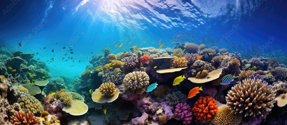 Tropical fish in the Red Sea coral reef With copyspace for text - obrazy, fototapety, plakaty 