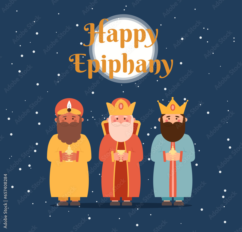 Happy Epiphany Day. Christian festival. Greeting card with Three kings and text. Flat vector illustration