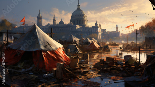 ancient City with tents and garbage. Homeless beggars everywhere. Generative AI 